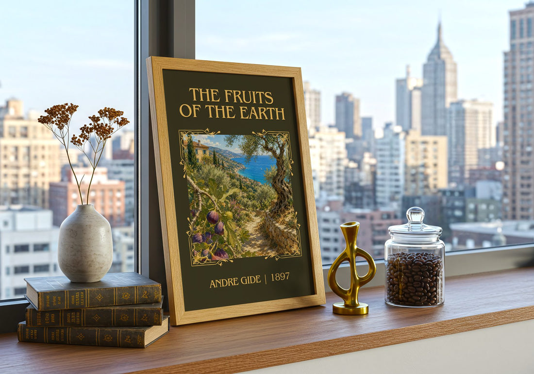 The Fruits of the Earth Classic Book Art Print by André Gide – framed print on a city-view windowsill