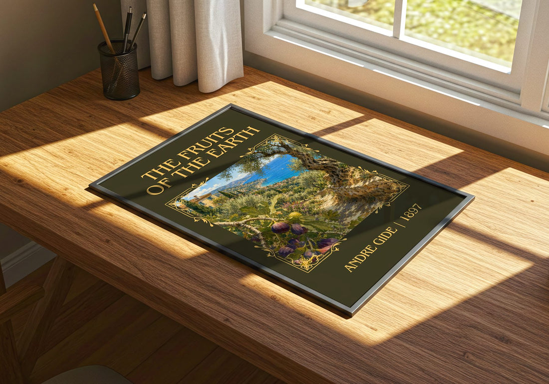 The Fruits of the Earth Classic Book Art Print by André Gide – print on a sunlit desk