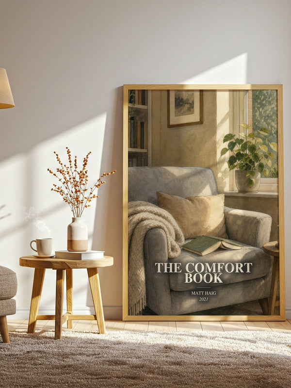 The Comfort Book watercolour print in frame leaning in hallway – non fiction wall art