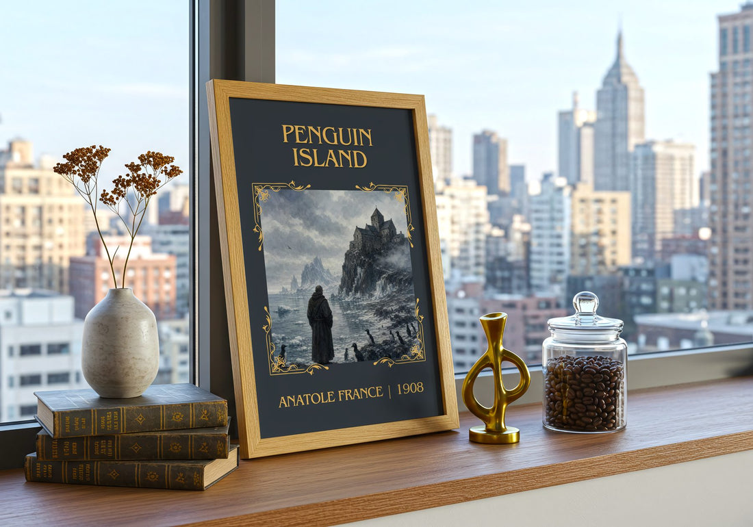 Penguin Island Classic Book Art Print by Anatole France – framed print on a city-view windowsill