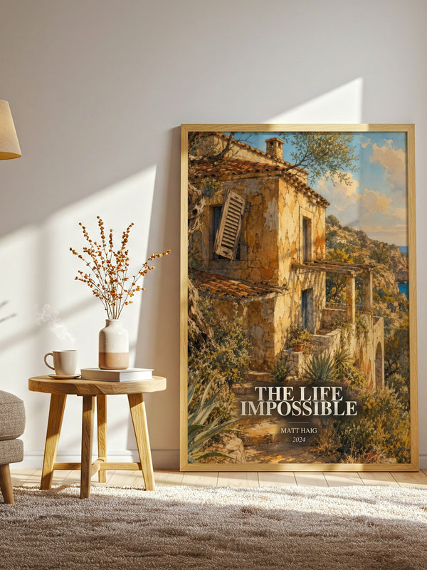 The Life Impossible watercolour print in frame leaning in hallway – contemporary fiction wall art