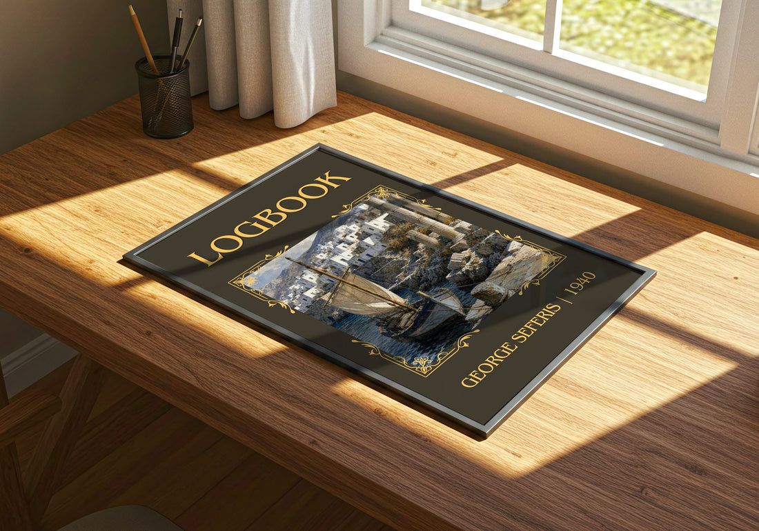 Logbook Classic Book Art Print by George Seferis – print on a sunlit desk