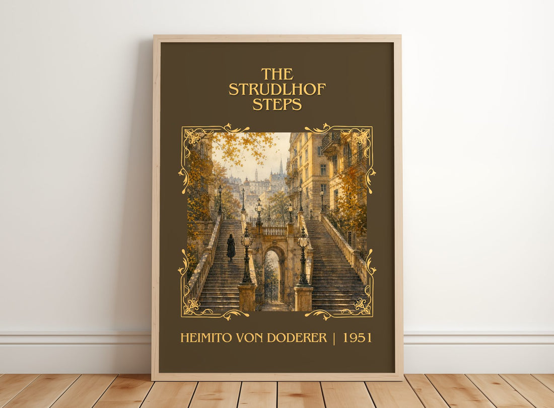 The Strudlhof Steps Classic Book Art Print by Heimito von Doderer – framed print leaning on a wooden floor