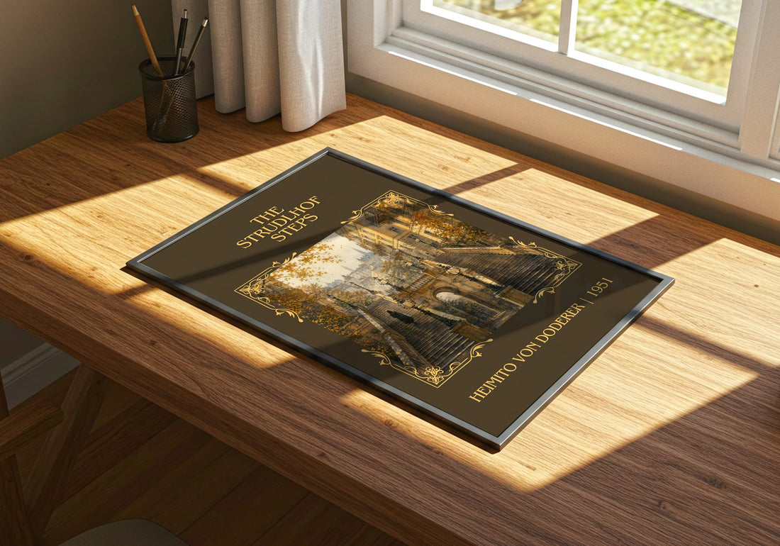 The Strudlhof Steps Classic Book Art Print by Heimito von Doderer – print on a sunlit desk