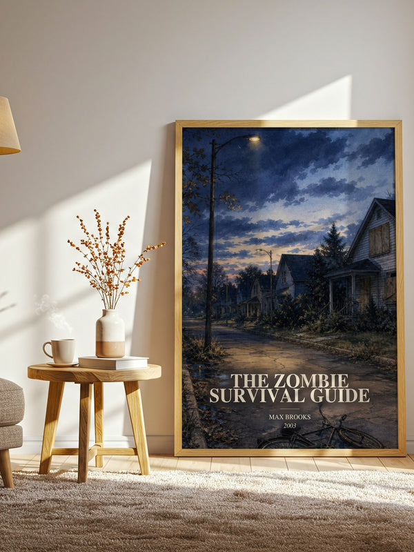 The Zombie Survival Guide watercolour print in frame leaning in hallway – non fiction wall art