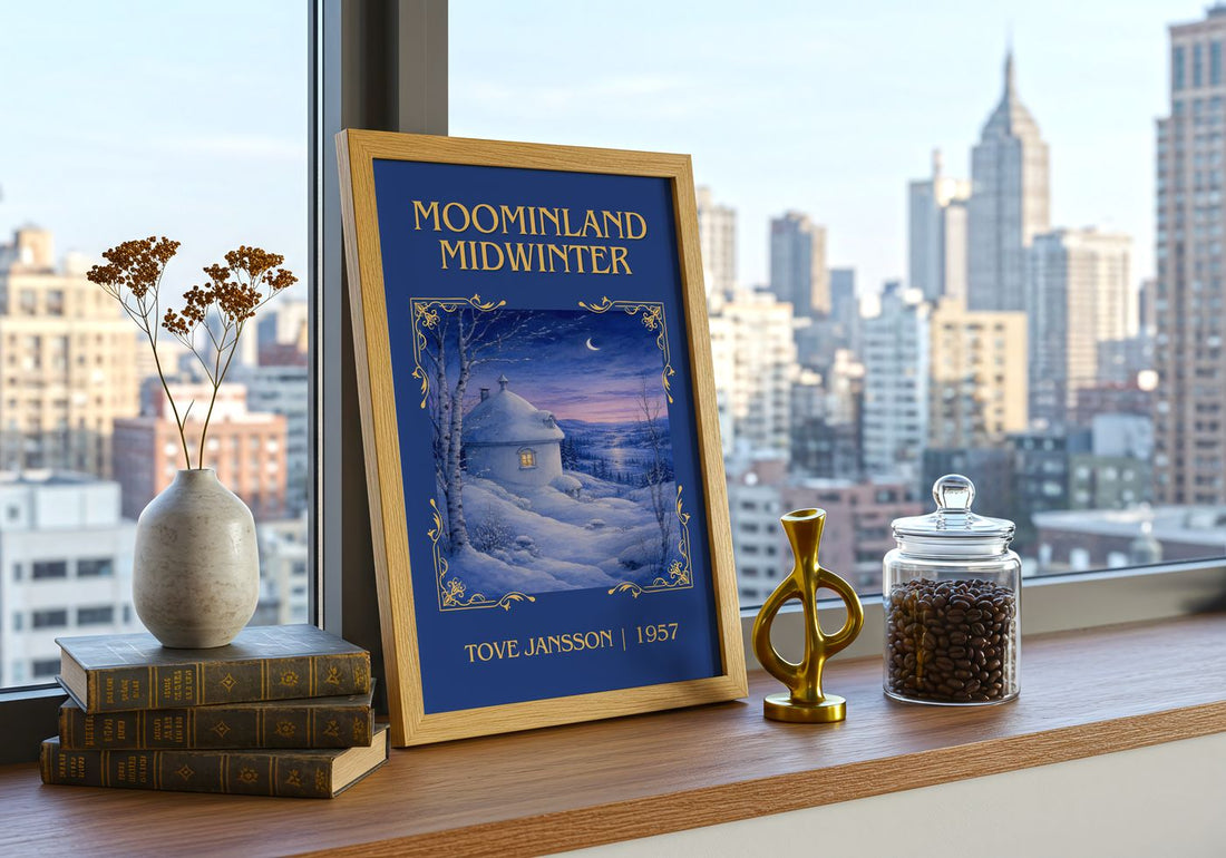 Moominland Midwinter Classic Book Art Print by Tove Jansson – framed print on a city-view windowsill