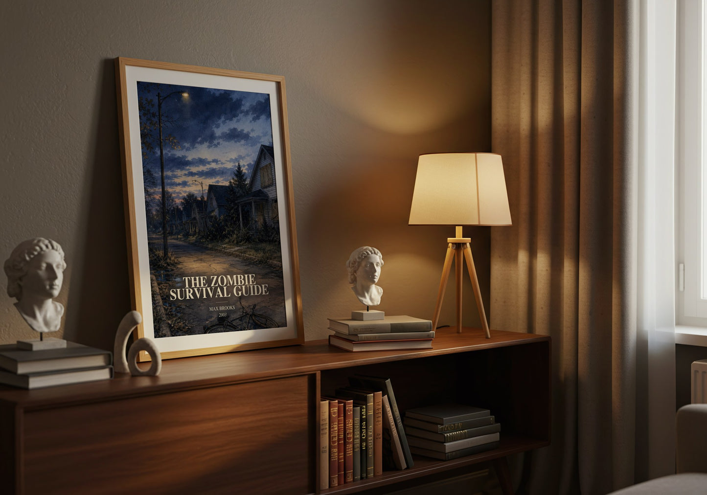 The Zombie Survival Guide watercolour print on bookshelf – Max Brooks fan gift