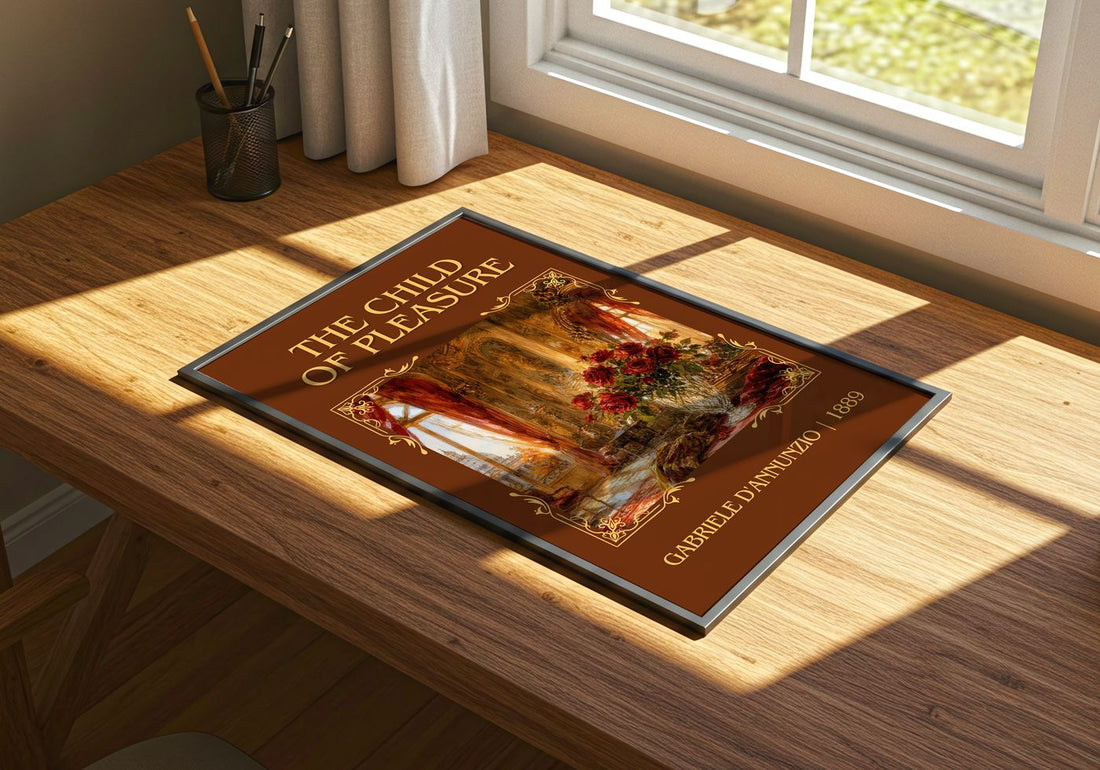 The Child Of Pleasure Classic Book Art Print by Gabriele D'Annunzio – print on a sunlit desk