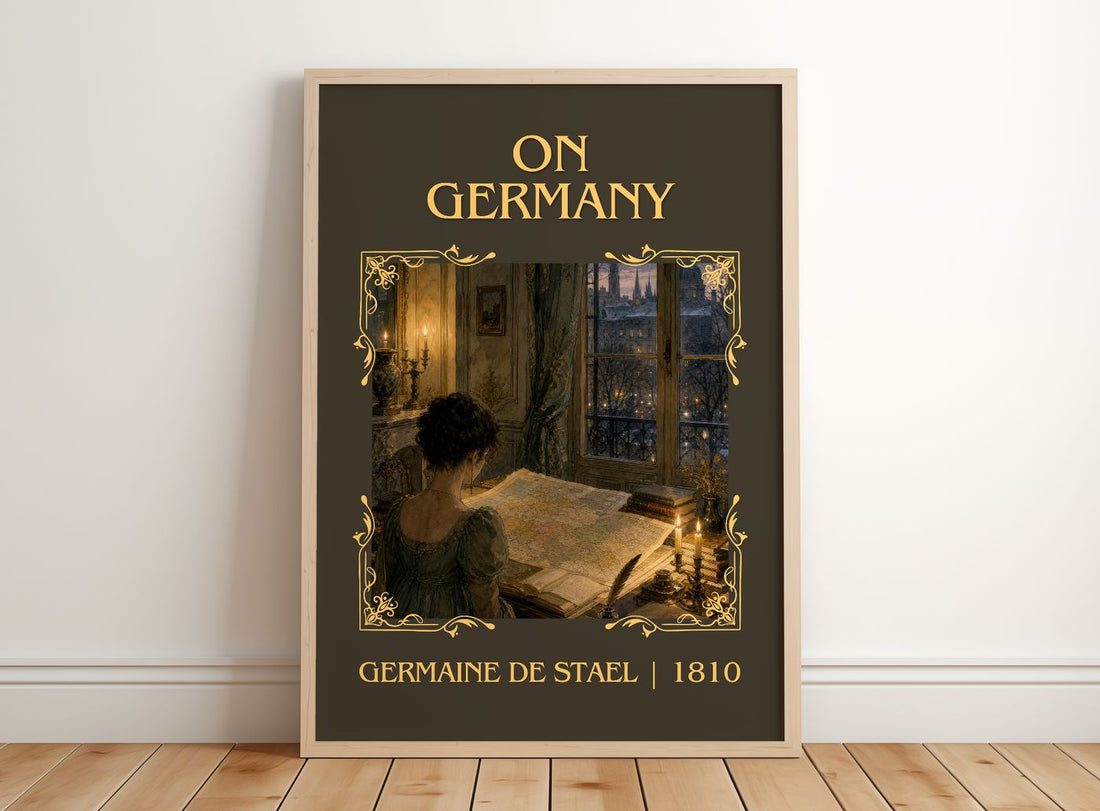 On Germany Classic Book Art Print by Germaine de Staël – framed print leaning on a wooden floor