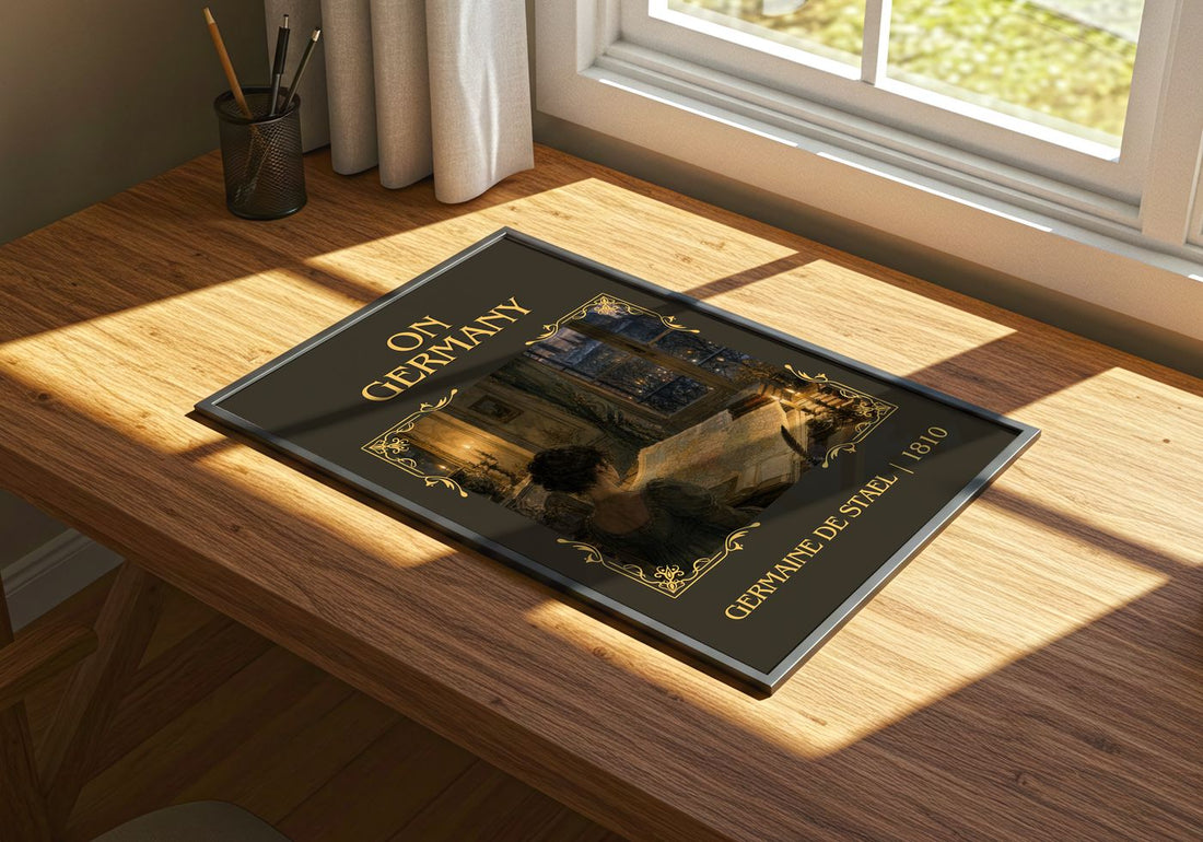 On Germany Classic Book Art Print by Germaine de Staël – print on a sunlit desk