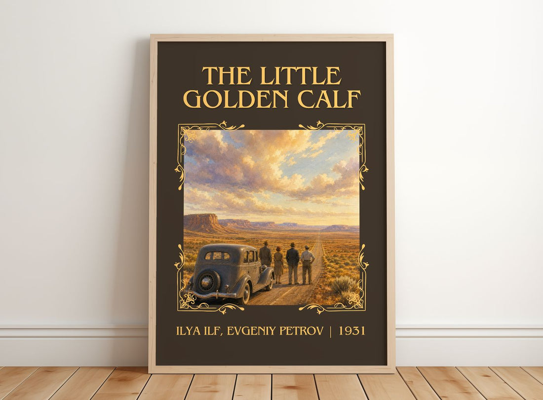 Little Golden Calf Classic Book Art Print by Ilya Ilf, Evgeniy Petrov – framed print leaning on a wooden floor