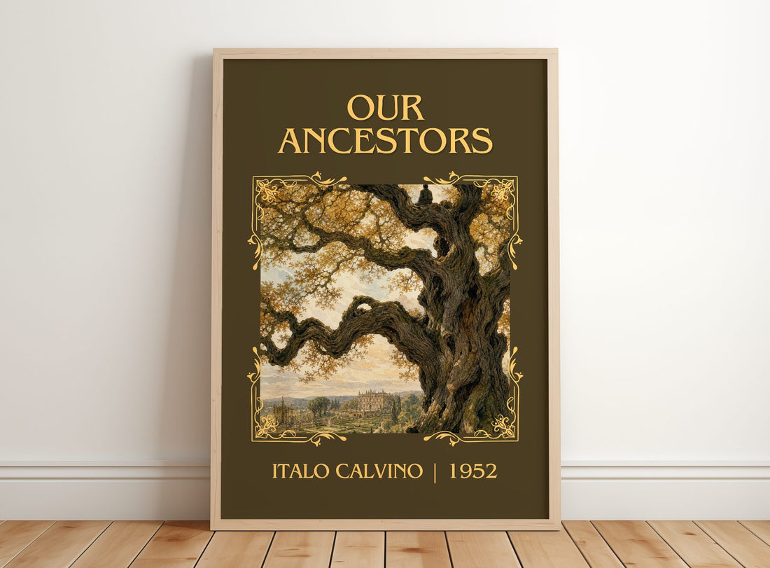 Our Ancestors Classic Book Art Print by Italo Calvino – framed print leaning on a wooden floor