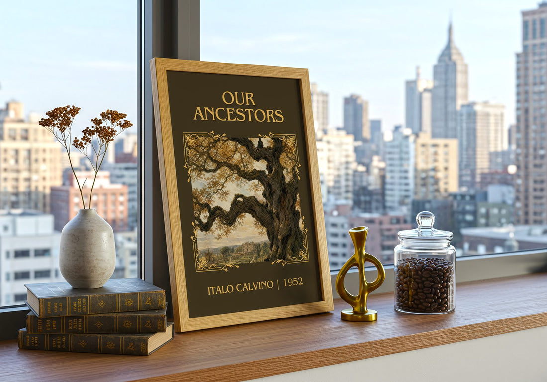 Our Ancestors Classic Book Art Print by Italo Calvino – framed print on a city-view windowsill