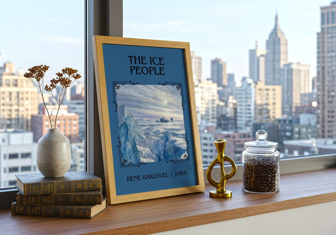 The Ice People Classic Book Art Print by René Barjavel – framed print on a city-view windowsill