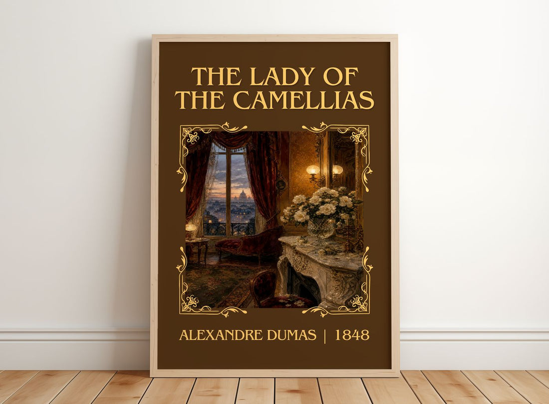 The Lady Of The Camellias Classic Book Art Print by Alexandre Dumas – framed print leaning on a wooden floor