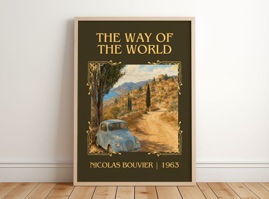 The Way Of The World Classic Book Art Print by Nicolas Bouvier – framed print leaning on a wooden floor
