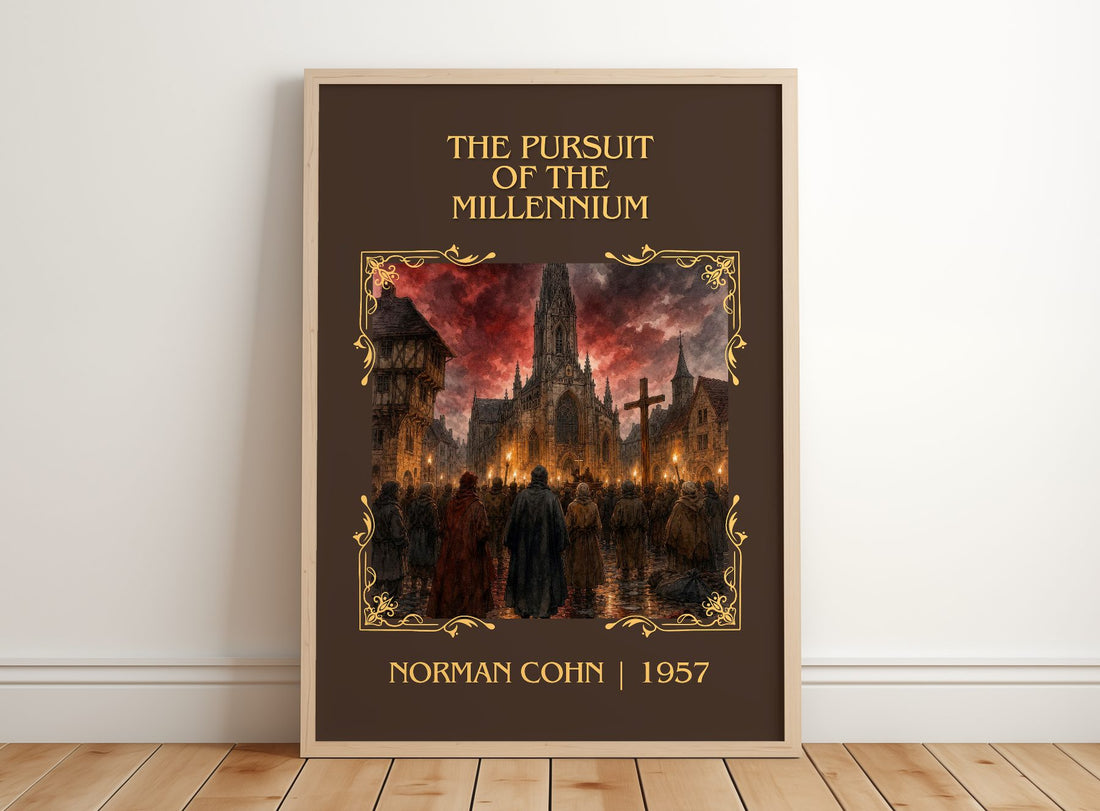 The Pursuit of the Millennium Classic Book Art Print by Norman Cohn – framed print leaning on a wooden floor