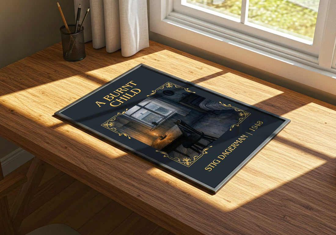 A Burnt Child Classic Book Art Print by Stig Dagerman – print on a sunlit desk