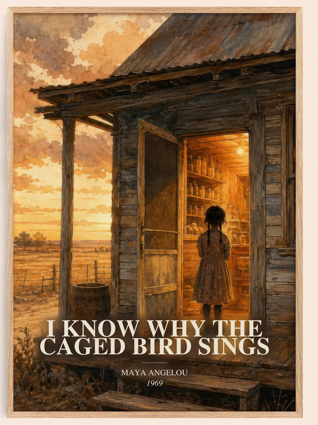 I Know Why The Caged Bird Sings watercolour book poster by Maya Angelou – framed literary art print