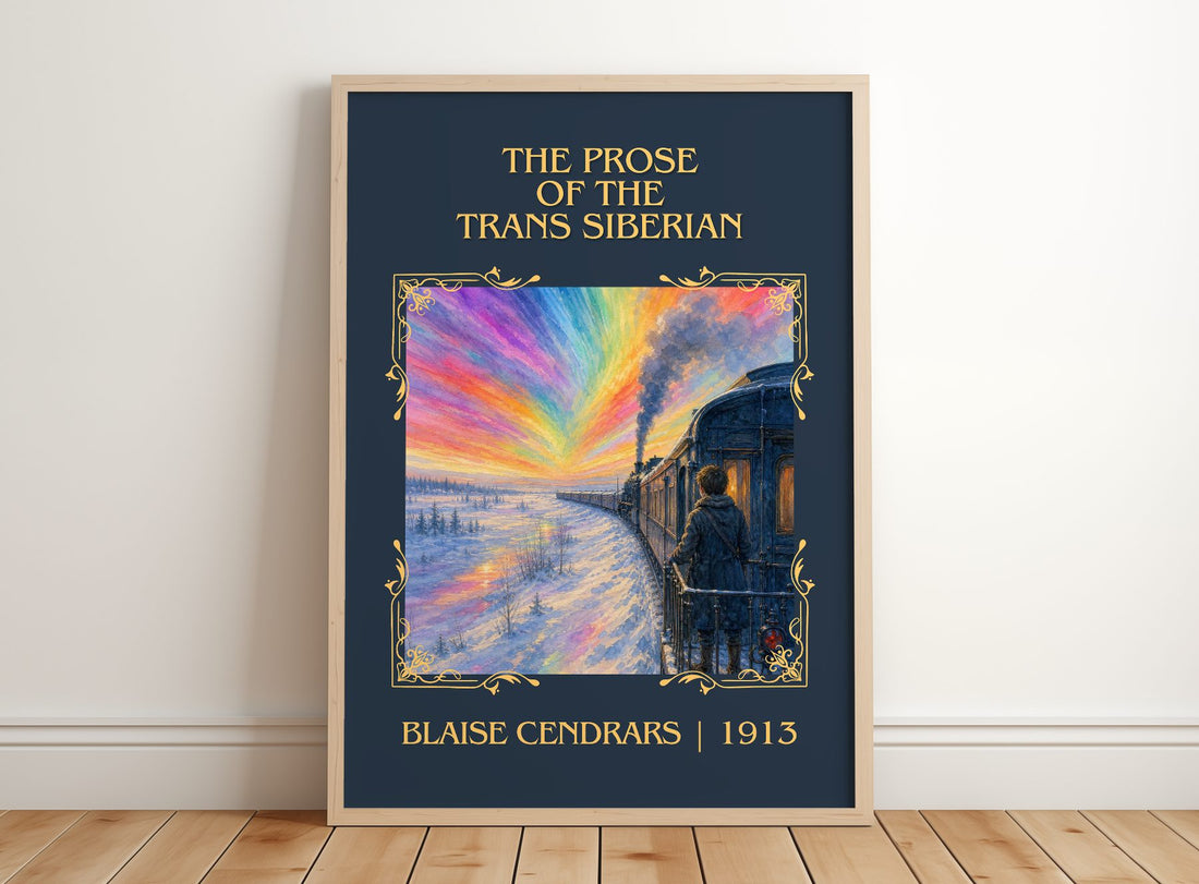 Prose Of The Trans Siberian Classic Book Art Print by Blaise Cendrars – framed print leaning on a wooden floor