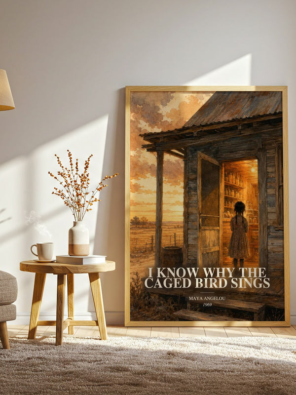I Know Why The Caged Bird Sings watercolour print in frame leaning in hallway – memoir wall art