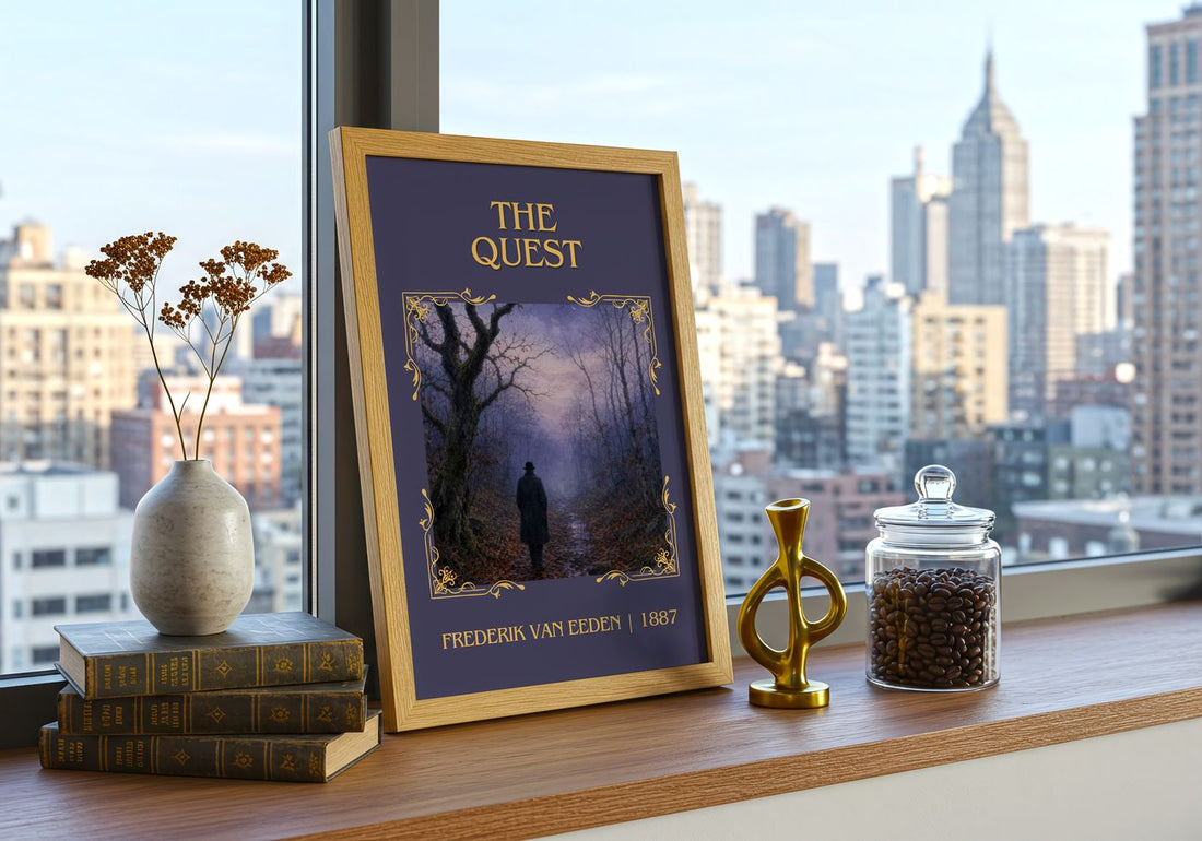 The Quest Classic Book Art Print by Frederik van Eeden – framed print on a city-view windowsill