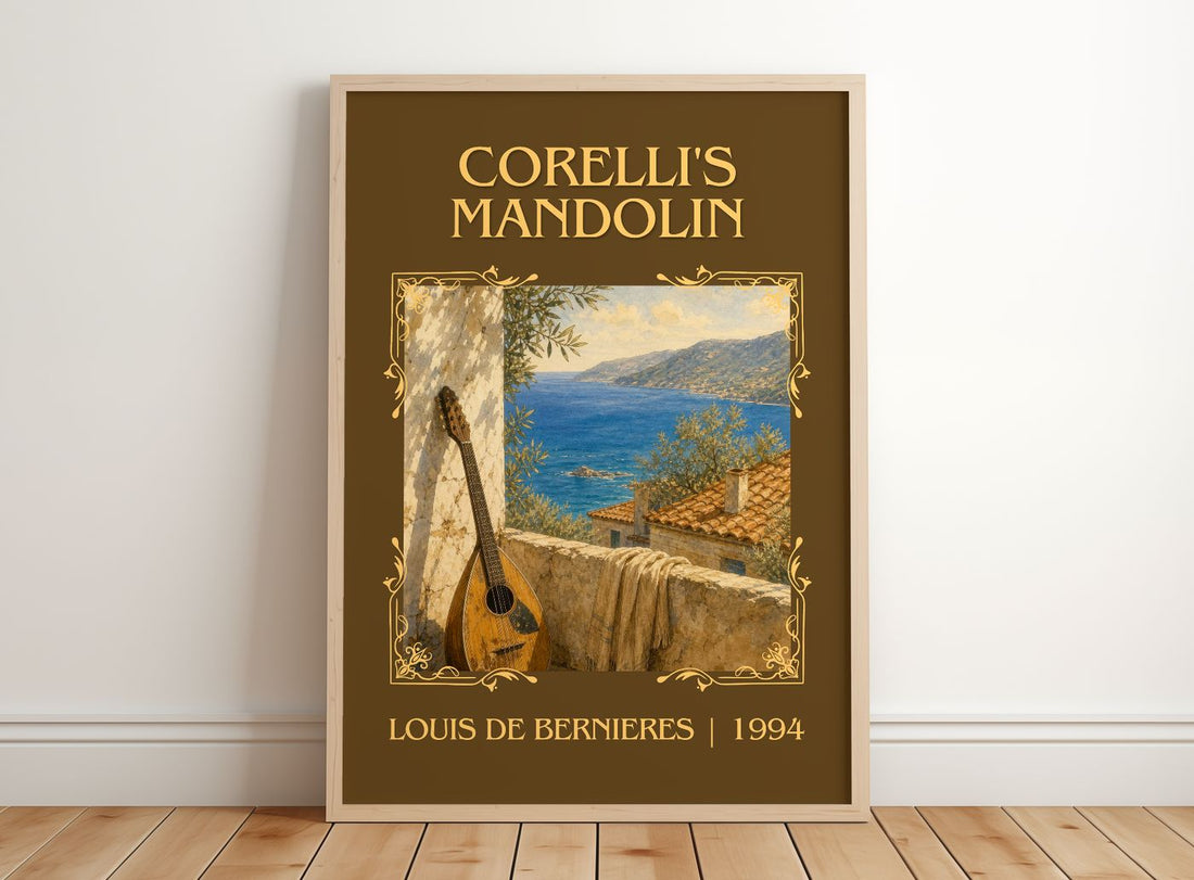 Corelli's Mandolin Classic Book Art Print by Louis de Bernières – framed print leaning on a wooden floor