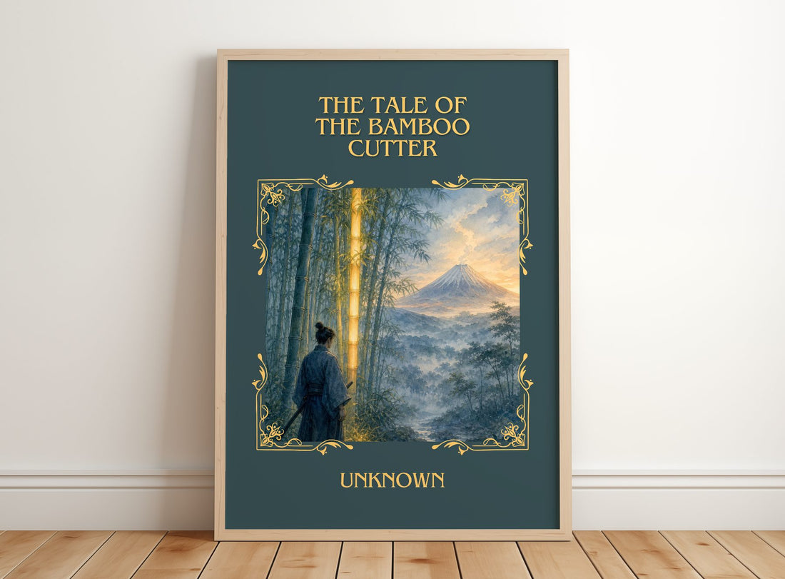The Tale of the Bamboo Cutter Classic Book Art Print by Unknown – framed print leaning on a wooden floor