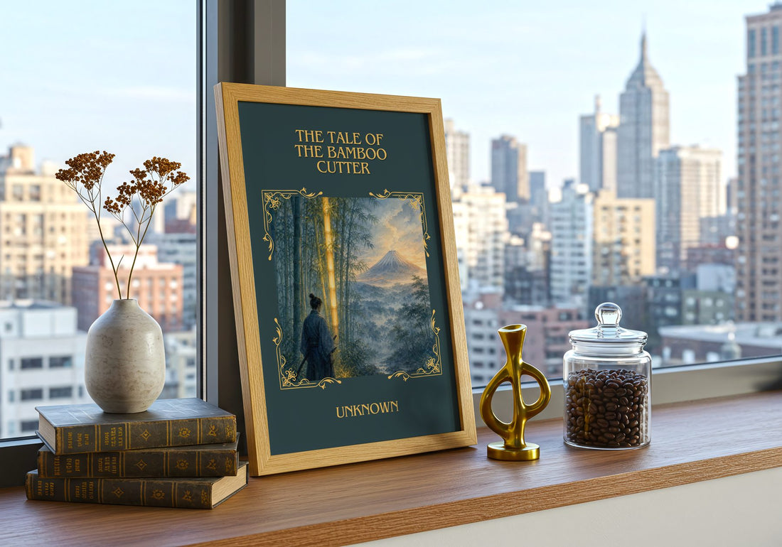 The Tale of the Bamboo Cutter Classic Book Art Print by Unknown – framed print on a city-view windowsill