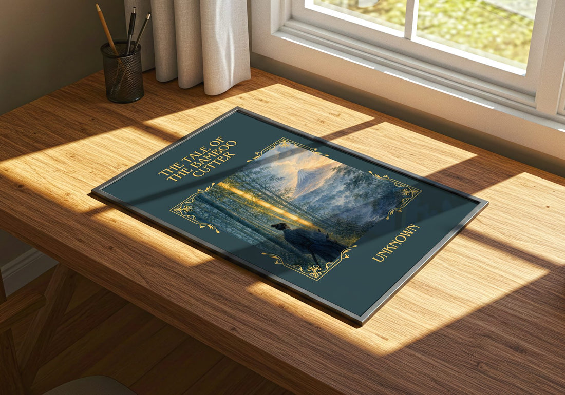 The Tale of the Bamboo Cutter Classic Book Art Print by Unknown – print on a sunlit desk