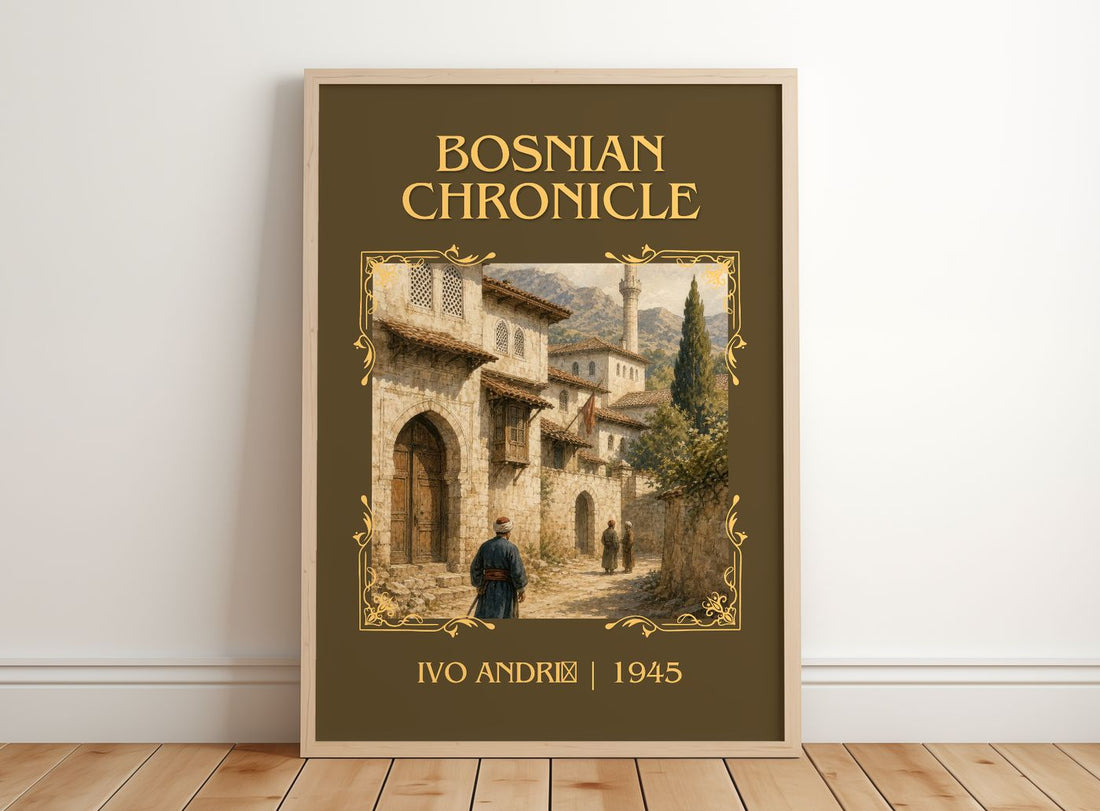 Bosnian Chronicle Classic Book Art Print by Ivo Andrić – framed print leaning on a wooden floor
