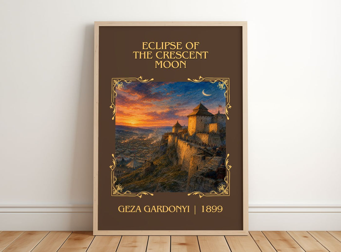 Eclipse of the Crescent Moon Classic Book Art Print by Géza Gárdonyi – framed print leaning on a wooden floor