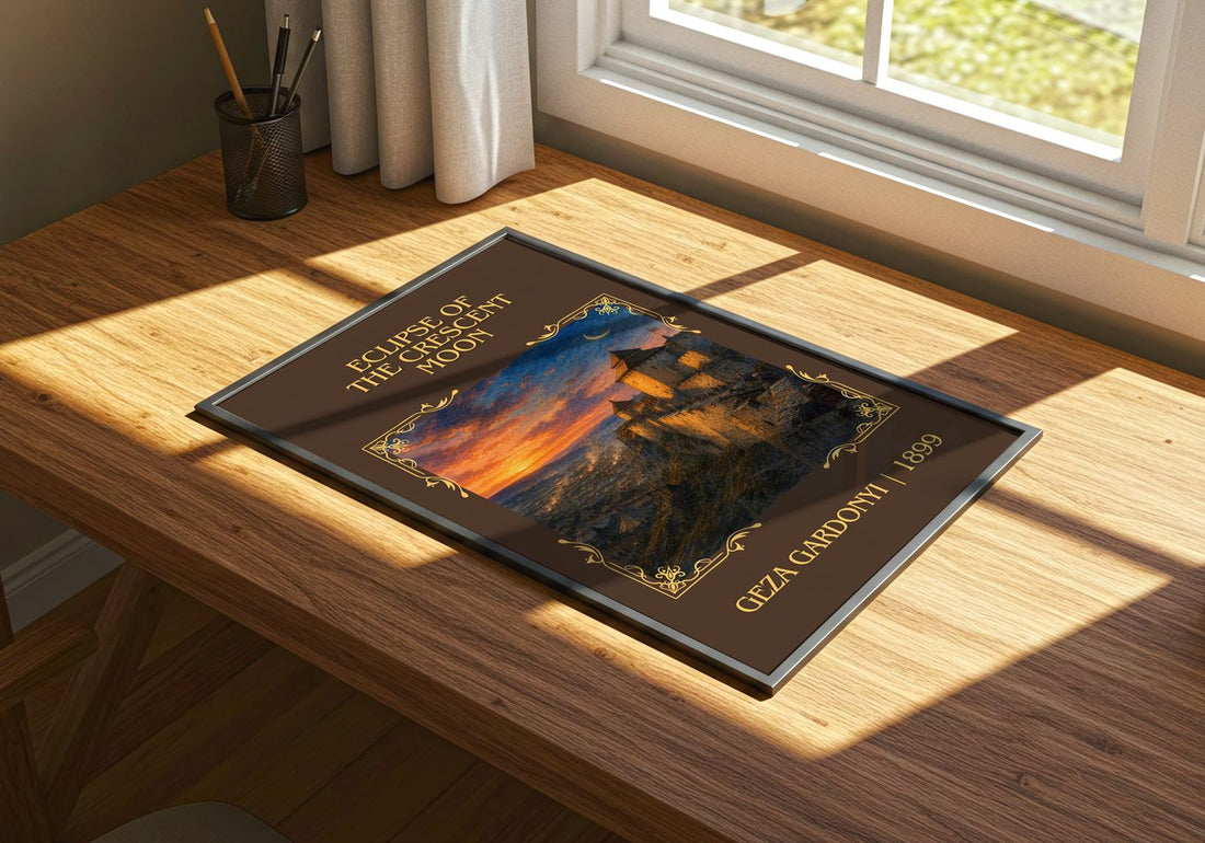 Eclipse of the Crescent Moon Classic Book Art Print by Géza Gárdonyi – print on a sunlit desk