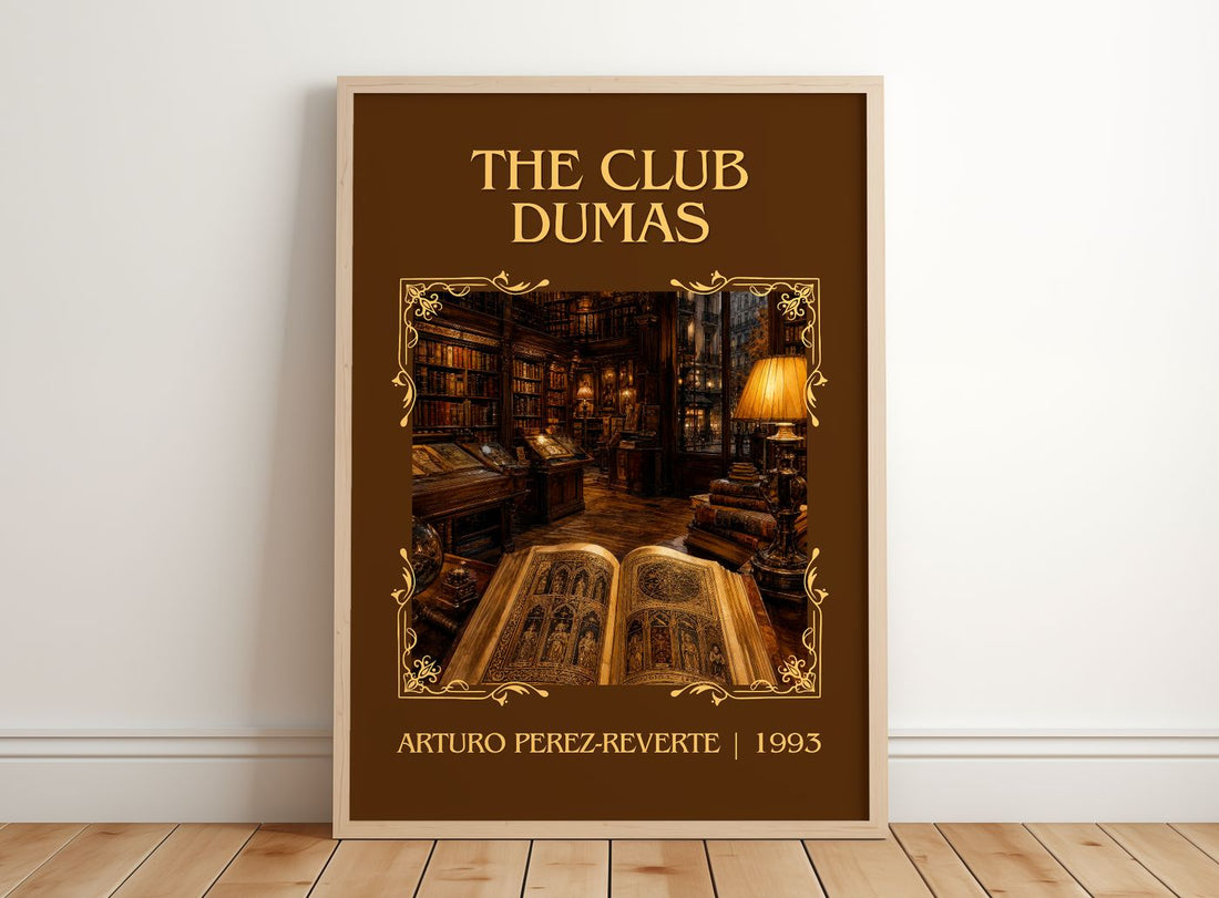 The Club Dumas Classic Book Art Print by Arturo Pérez-Reverte – framed print leaning on a wooden floor