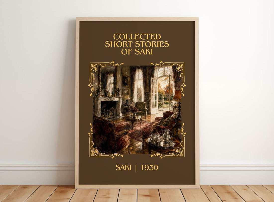 Collected Short Stories of Saki Classic Book Art Print by Saki – framed print leaning on a wooden floor