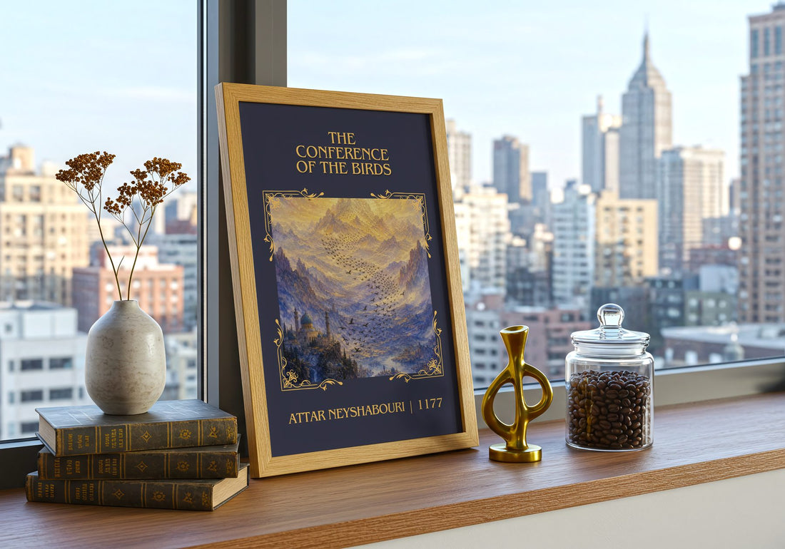 Conference Of The Birds Classic Book Art Print by Attar Neyshabouri – framed print on a city-view windowsill