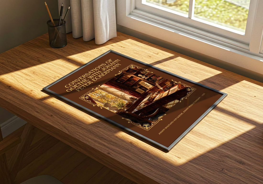 Conversations Of Goethe With Johann Peter Eckermann Classic Book Art Print by Johann Wolfgang von Goethe, Johann Peter Eckermann – print on a sunlit desk