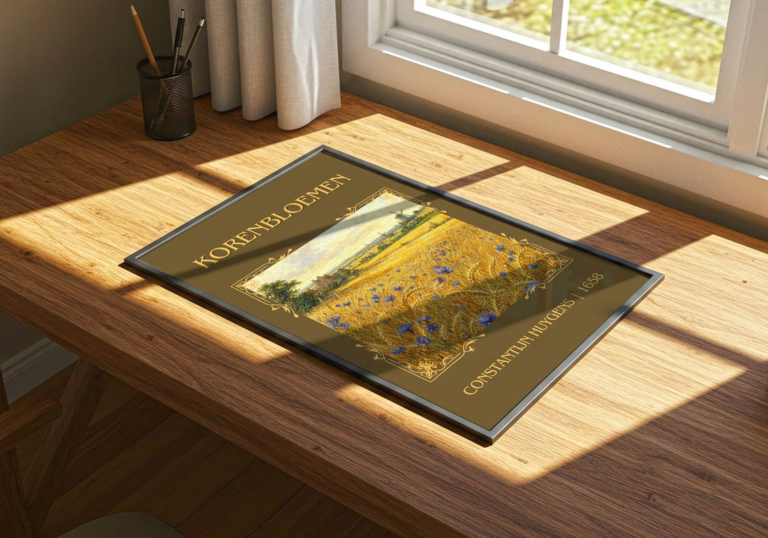 Korenbloemen Classic Book Art Print by Constantijn Huygens – print on a sunlit desk