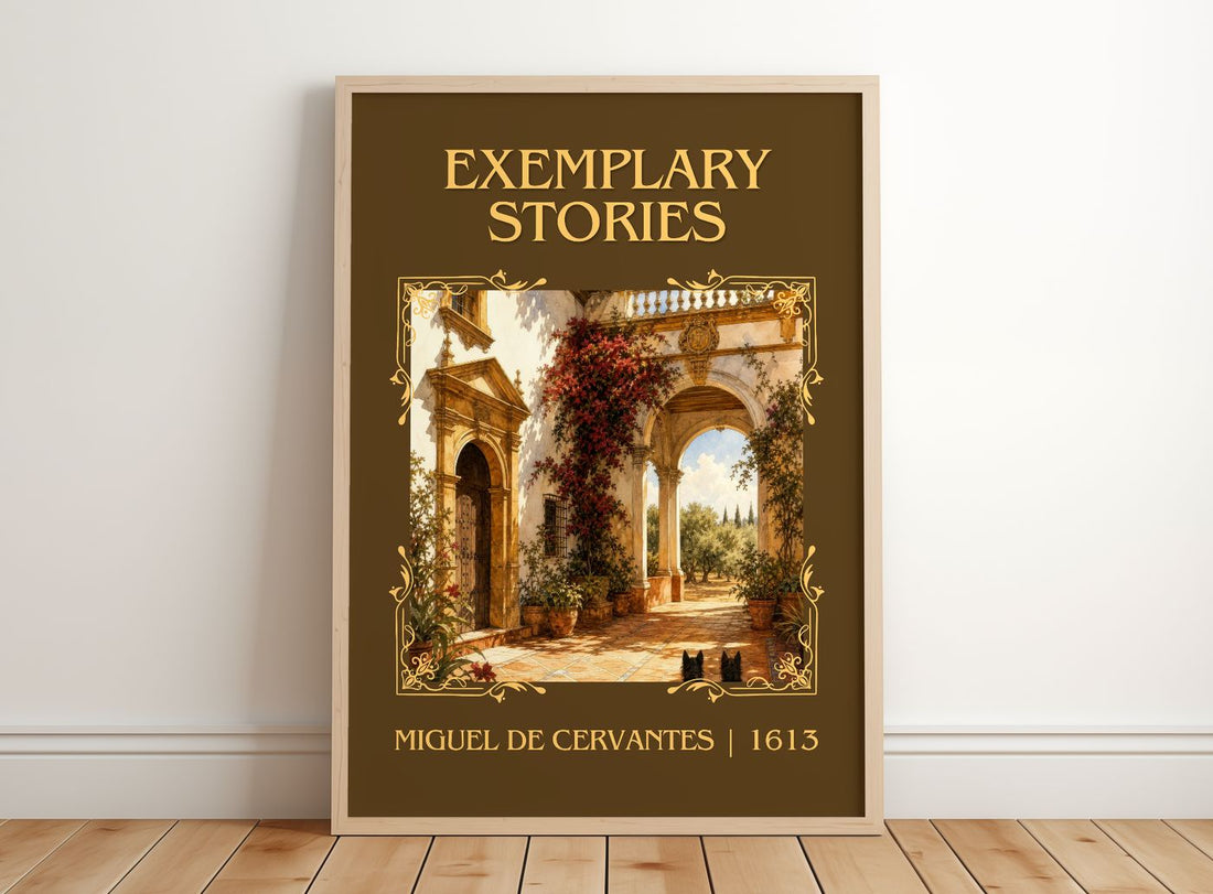 Exemplary Stories Classic Book Art Print by Miguel de Cervantes – framed print leaning on a wooden floor
