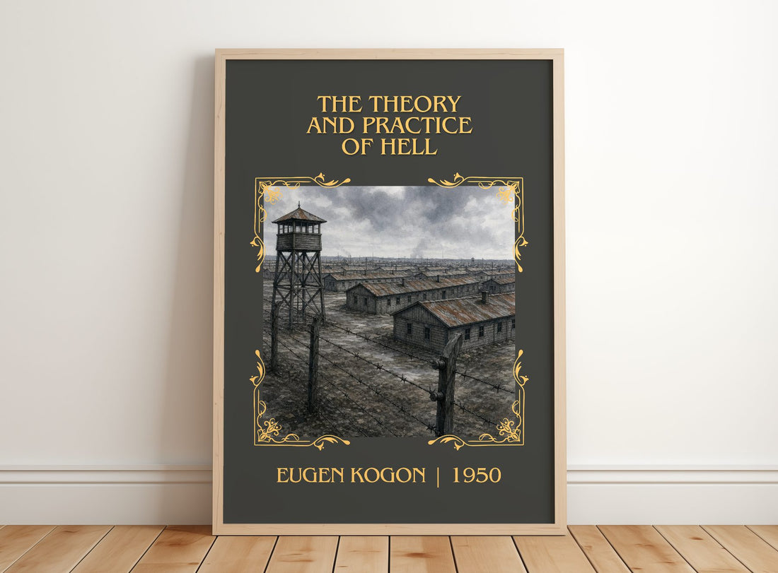 The Theory And Practice Of Hell Classic Book Art Print by Eugen Kogon – framed print leaning on a wooden floor