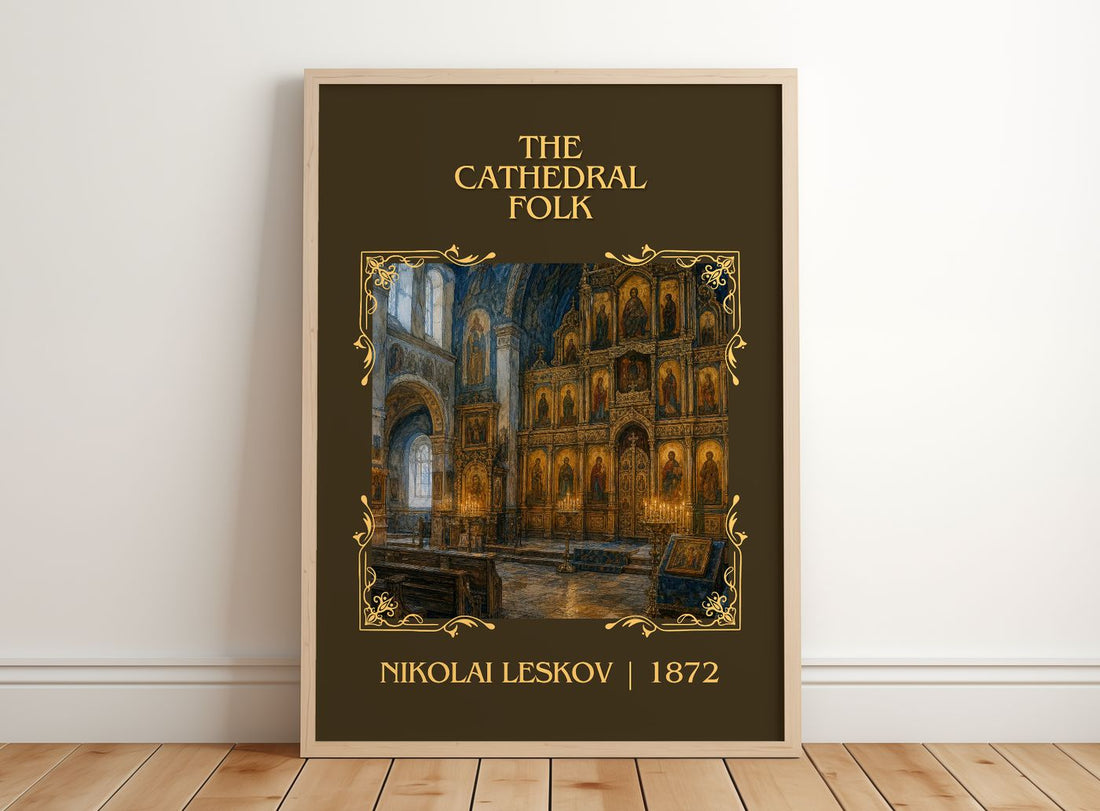 The Cathedral Folk Classic Book Art Print by Nikolai Leskov – framed print leaning on a wooden floor