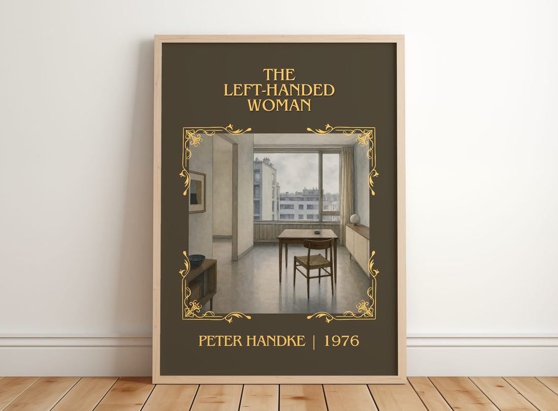 The Left-Handed Woman Classic Book Art Print by Peter Handke – framed print leaning on a wooden floor