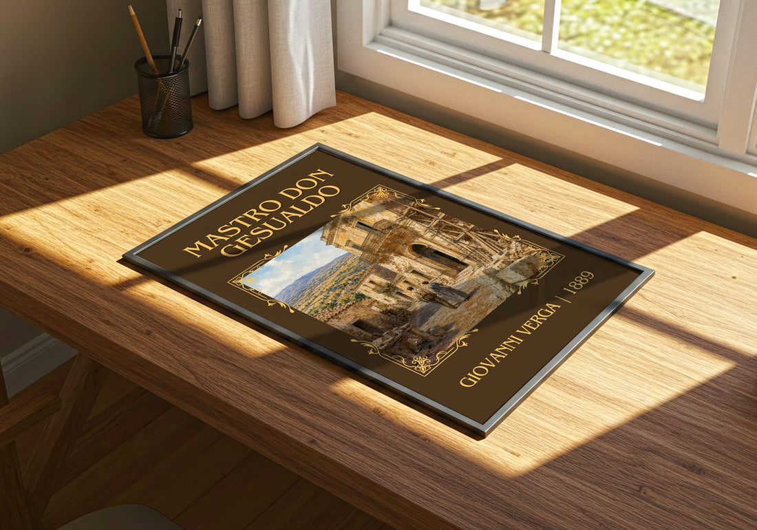 Mastro Don Gesualdo Classic Book Art Print by Giovanni Verga – print on a sunlit desk