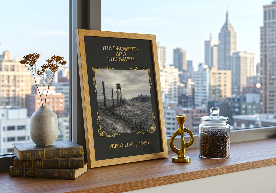The Drowned and the Saved Classic Book Art Print by Primo Levi – framed print on a city-view windowsill
