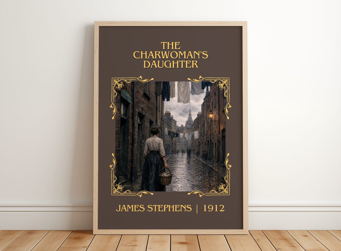 The Charwoman's Daughter Classic Book Art Print by James Stephens – framed print leaning on a wooden floor
