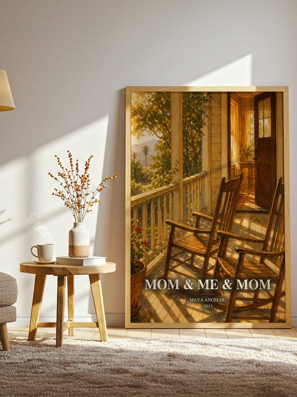 Mom & Me & Mom watercolour print in frame leaning in hallway – memoir wall art