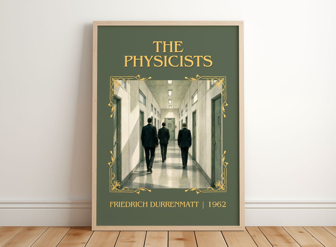 The Physicists Classic Book Art Print by Friedrich Dürrenmatt – framed print leaning on a wooden floor