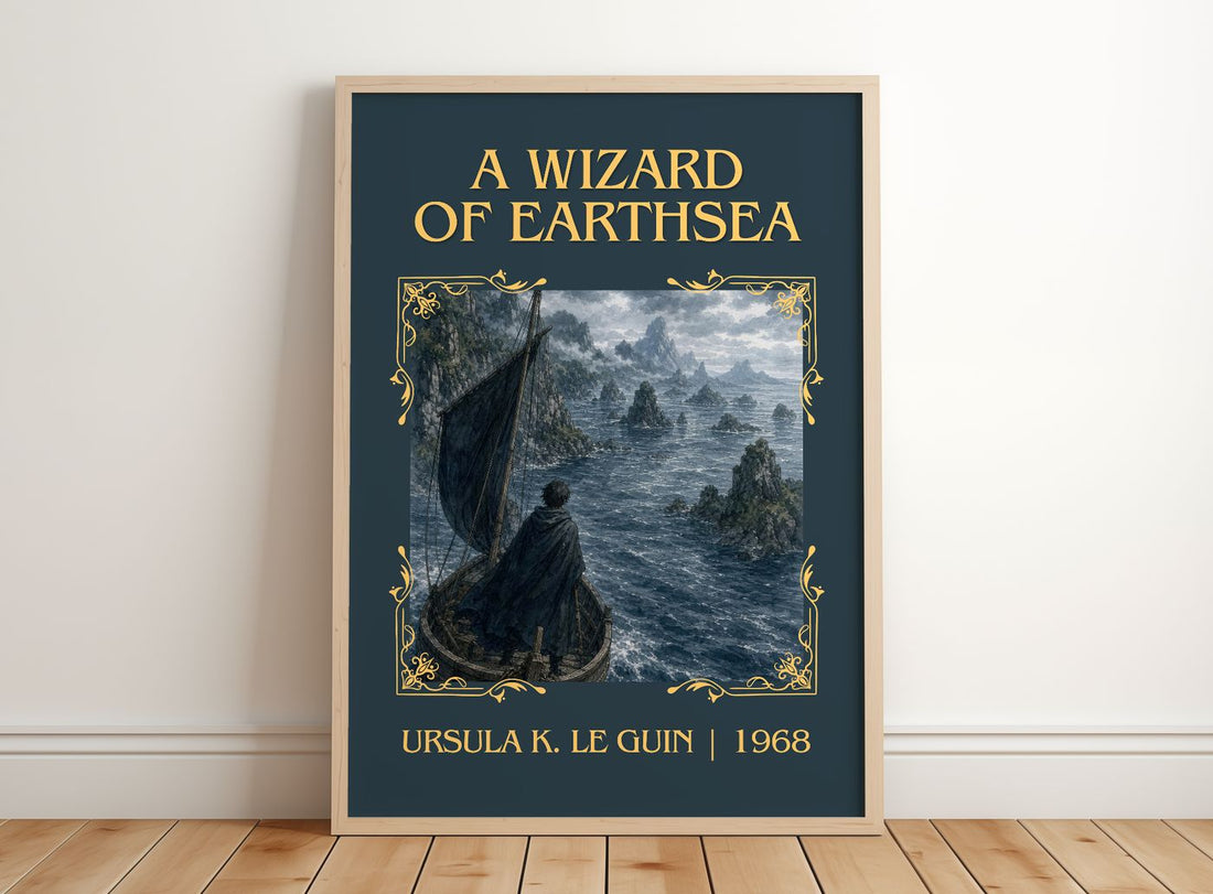A Wizard Of Earthsea Classic Book Art Print by Ursula K. Le Guin – framed print leaning on a wooden floor