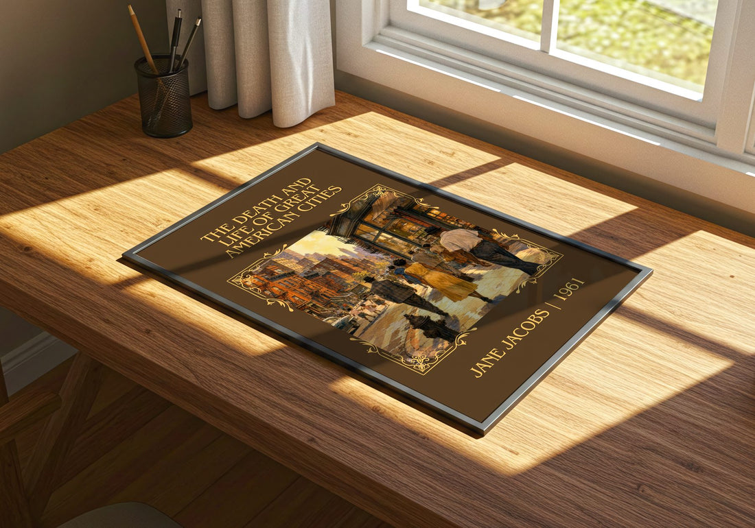 The Death and Life of Great American Cities Classic Book Art Print by Jane Jacobs – print on a sunlit desk