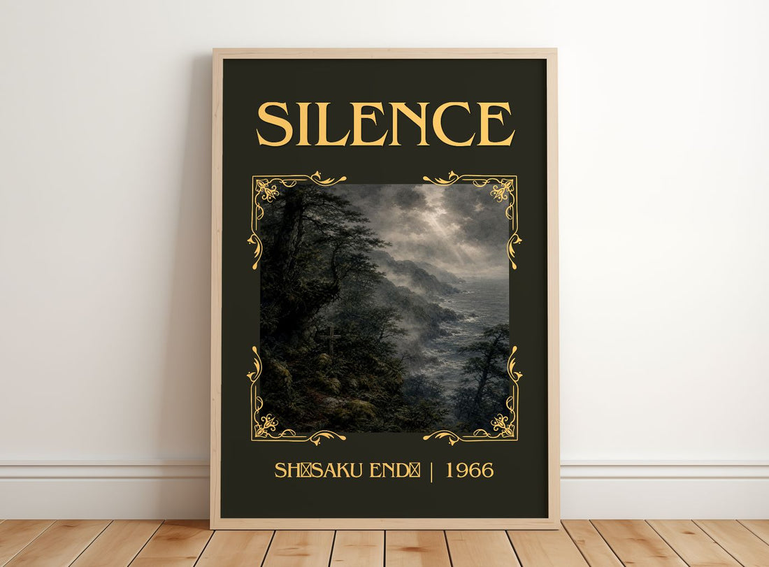 Silence Classic Book Art Print by Shūsaku Endō – framed print leaning on a wooden floor